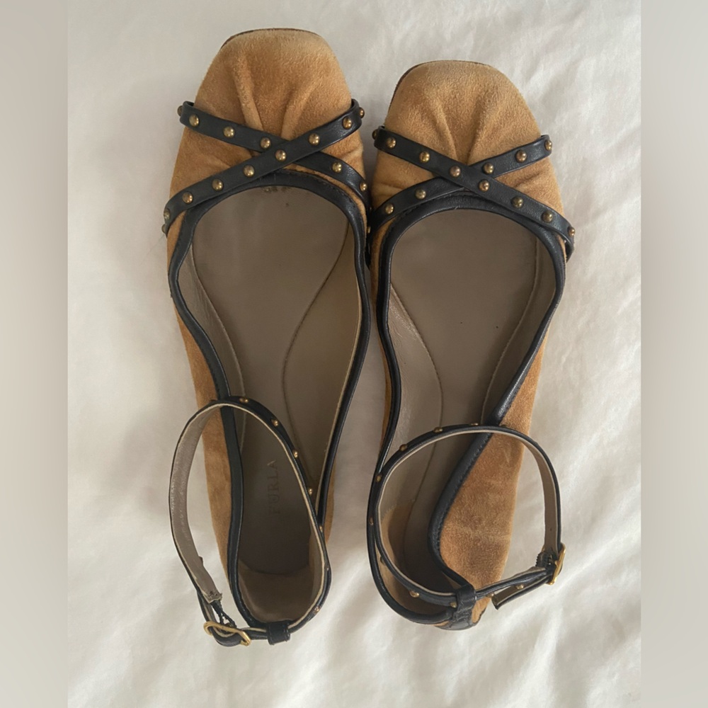 Furla ankle-strap suede and leather flats.